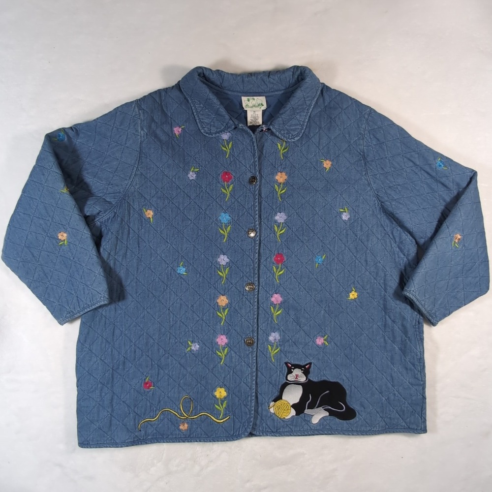 VTG The Quacker Factory Quilted Denim Blanket Jacket Womens 3XL Cats Floral Bead
